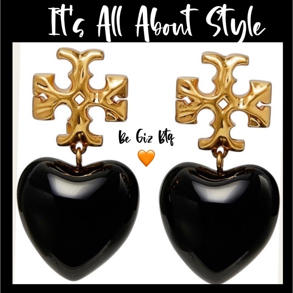Tory Burch Authentic Vintage Roxanne Gold-Tone & Resin Heart Earrings In Black - Picture 3 of 10